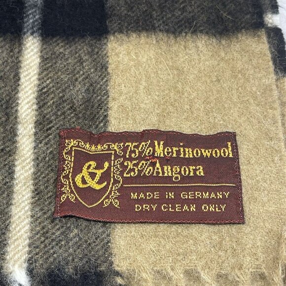 Vintage Wool Neck Scarf Brown Tartan Check Plaid Made in Germany Fringe 54x12" - Picture 2 of 5